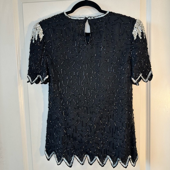 Vintage Laurence Kazar Beaded Sequin Embellished Silk Black&Silver Party Top,M/L - Picture 3 of 9